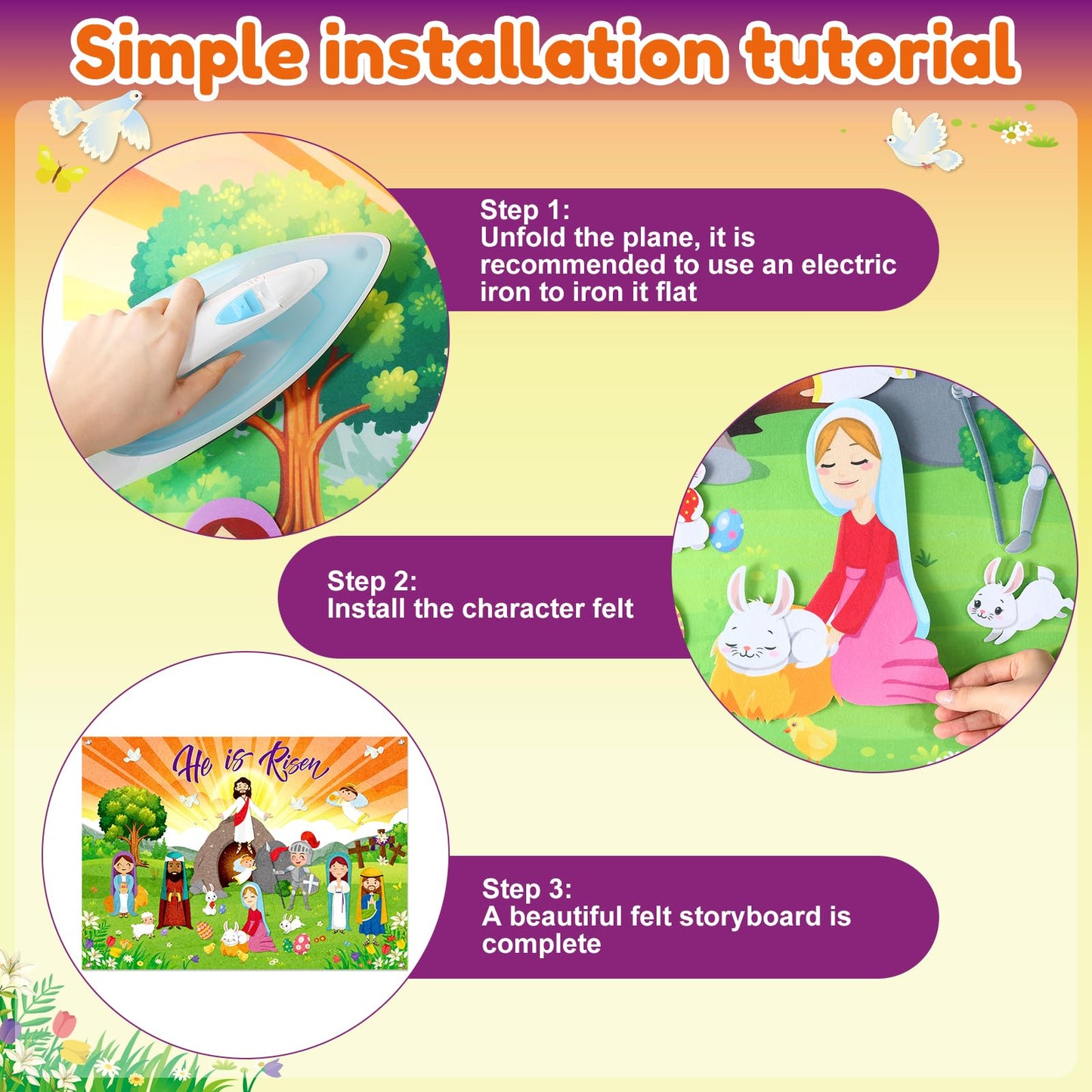 Tiamon Easter Felt Set Make an Easter He Lives Felt Scenes Resurrection Story Board Set with 14 Pcs Detachable Ornaments Wall Decor Jesus Crafts Kit for Party Spring Activity