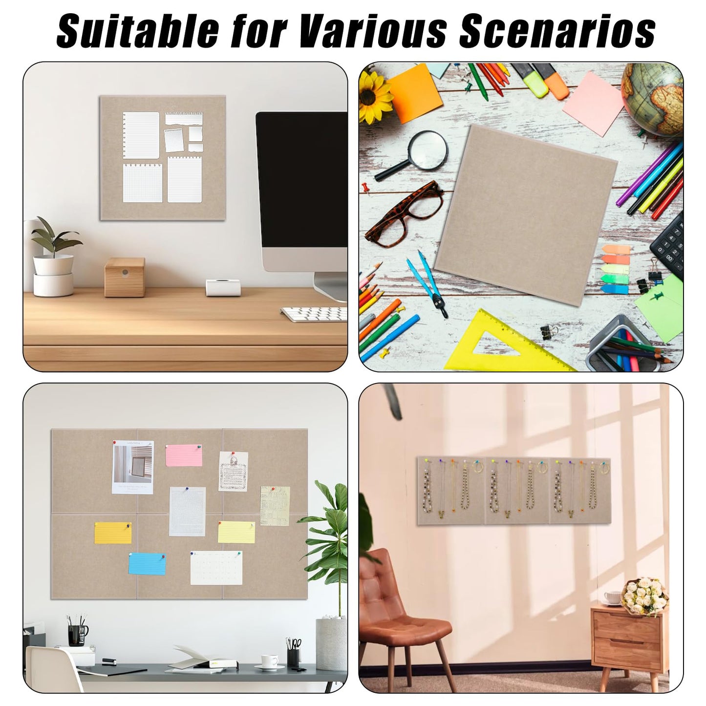 Large Cork Board 36" x 24", 6 Pack Felt Bulletin Board with 30 Pushpins, Cork Boards Alternative with Self-Adhesive Strips, Felt Wall Tiles Pin Boards for Walls Office Home School Decor-Tan