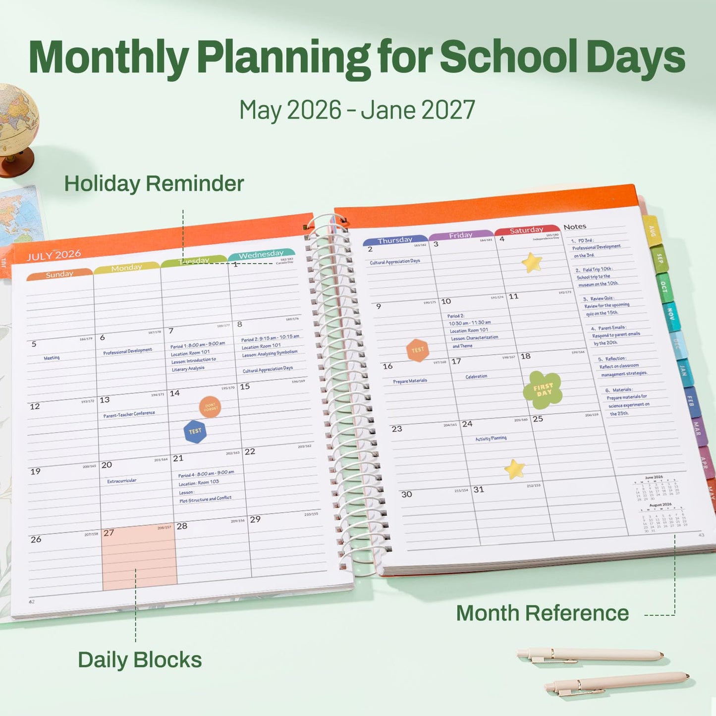 SUNEE Deluxe Teacher Planner 2026-2027, Lesson Planner Book with 7 Periods Jul 2026 - Jun 2027, 8.5" x 11" Weekly and Monthly Organizers with Colorful Tabs, Planning Stickers,120gms Paper, Full Leaf