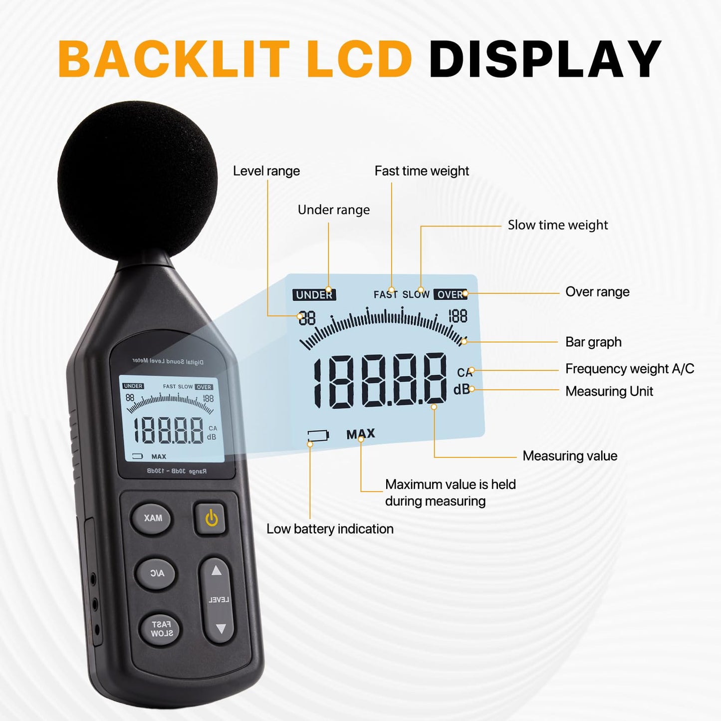 Digvliy DB-01 Decibel Meter, Professional Sound Decibel Meter with A/C Weighting, Fast/Slow Response, 30-130dB Range,for Home, Office, Factory, Noisy Neighbors