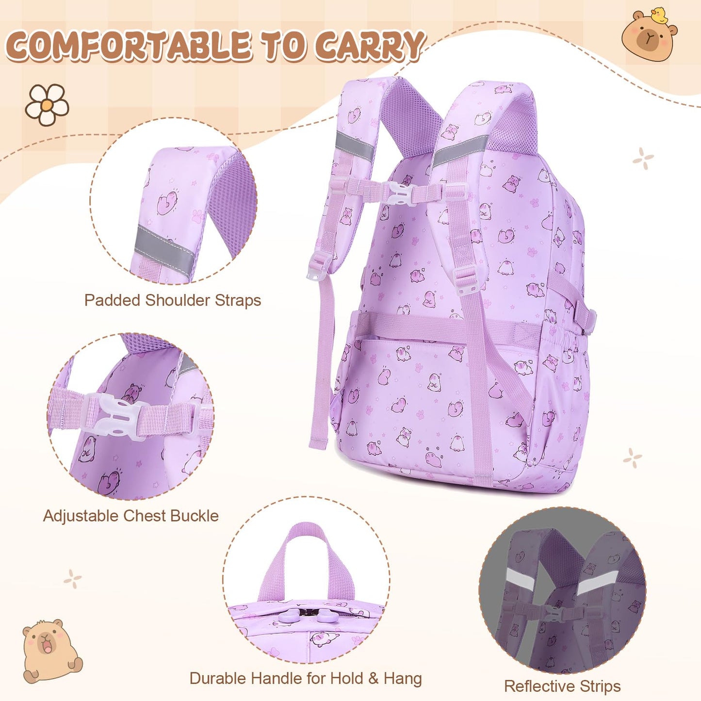 Similove Capybara Theme Backpack for School Girls, 35PCS Kids Backpack Set with School Supplies Stationery Kit Lunch Box Pencil Case, Cute Girls Bookbag for Kindergarten Elementary Student