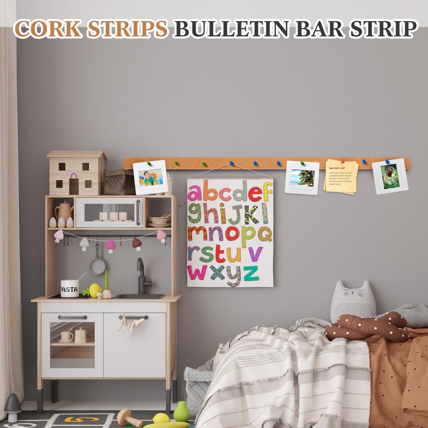 Mooliwe 4 Pcs 48" x 1" Foldable Felt Cork Strips Bulletin Bar Strip for Wall,Notice Board Self Adhesive Cork Wall Decoration,Paste Note,Photo,Schedules,Office Home Decor