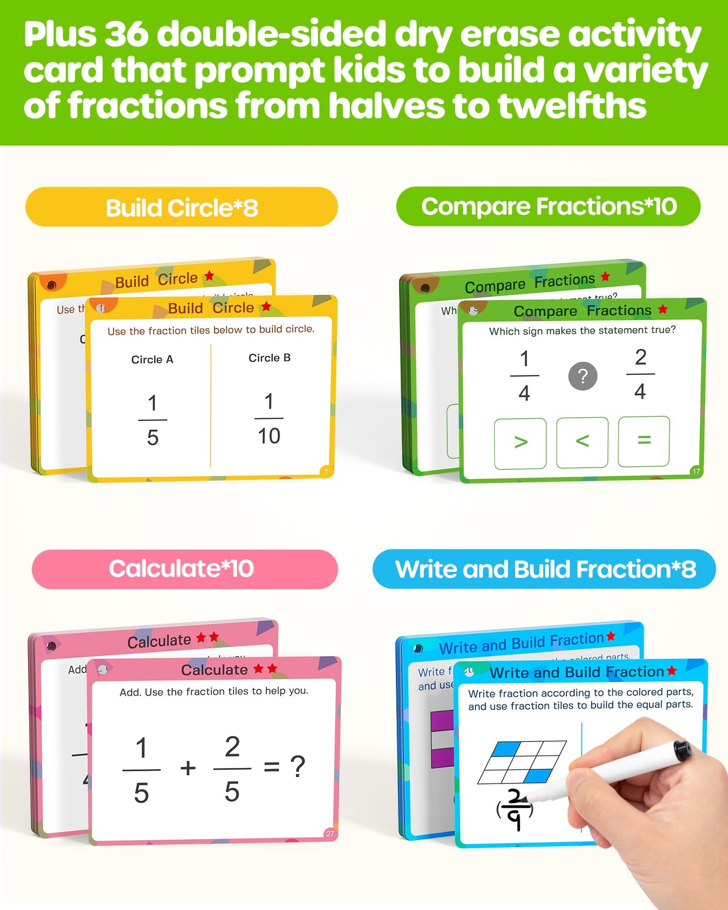 D-FantiX Wooden Fraction Educational Puzzle, Wood Fraction Tiles & Fraction Circles Set, Math Manipulatives for Elementary School, Montessori Fraction Manipulatives Games Learning Toys for Kids