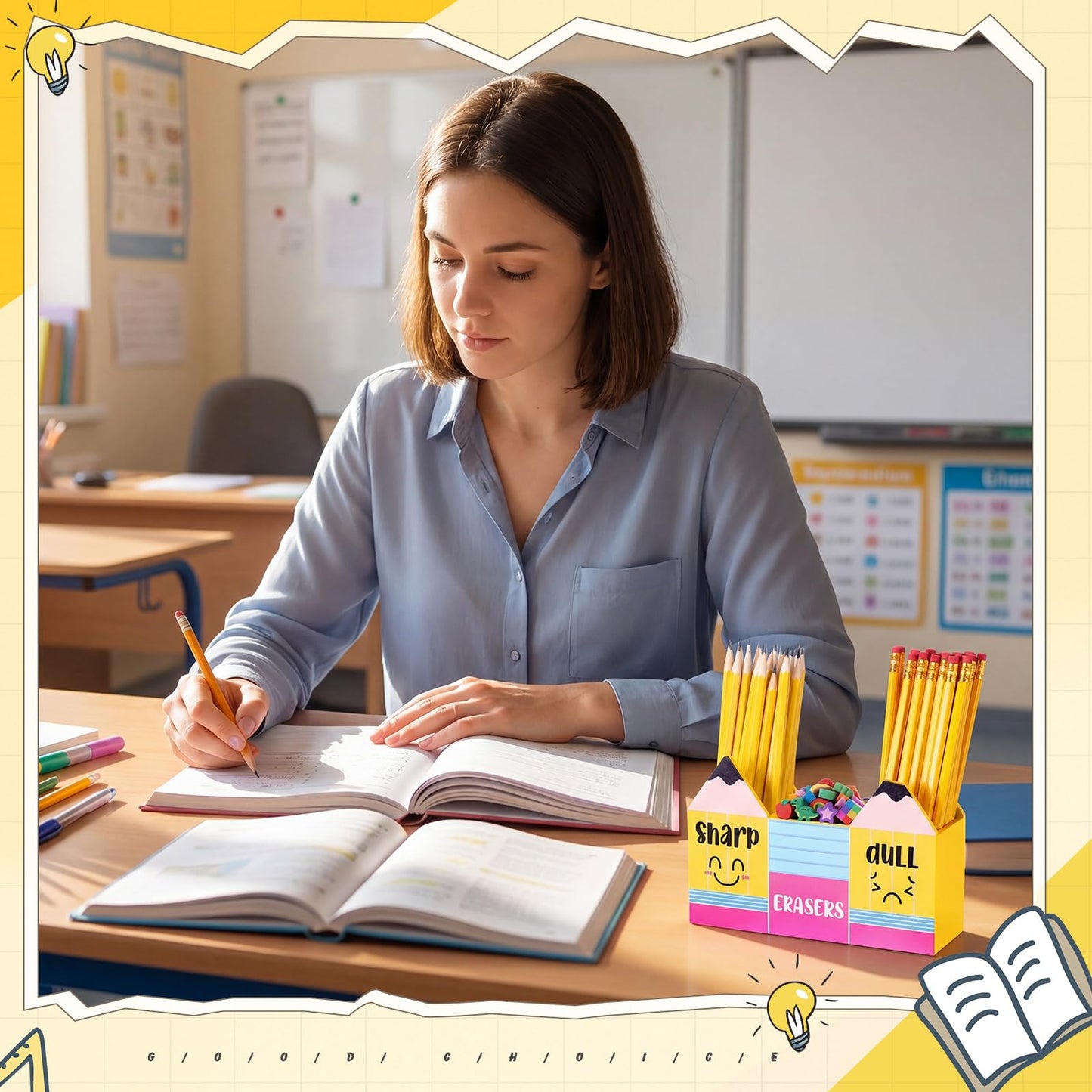 Eaasty Pencil Shaped and Sharp Dull Holder Eraser Wooden Dispenser Pencil Storage 3 Compartments for Back to School Teachers Classroom Organization(1 Pack,Yellow Face)