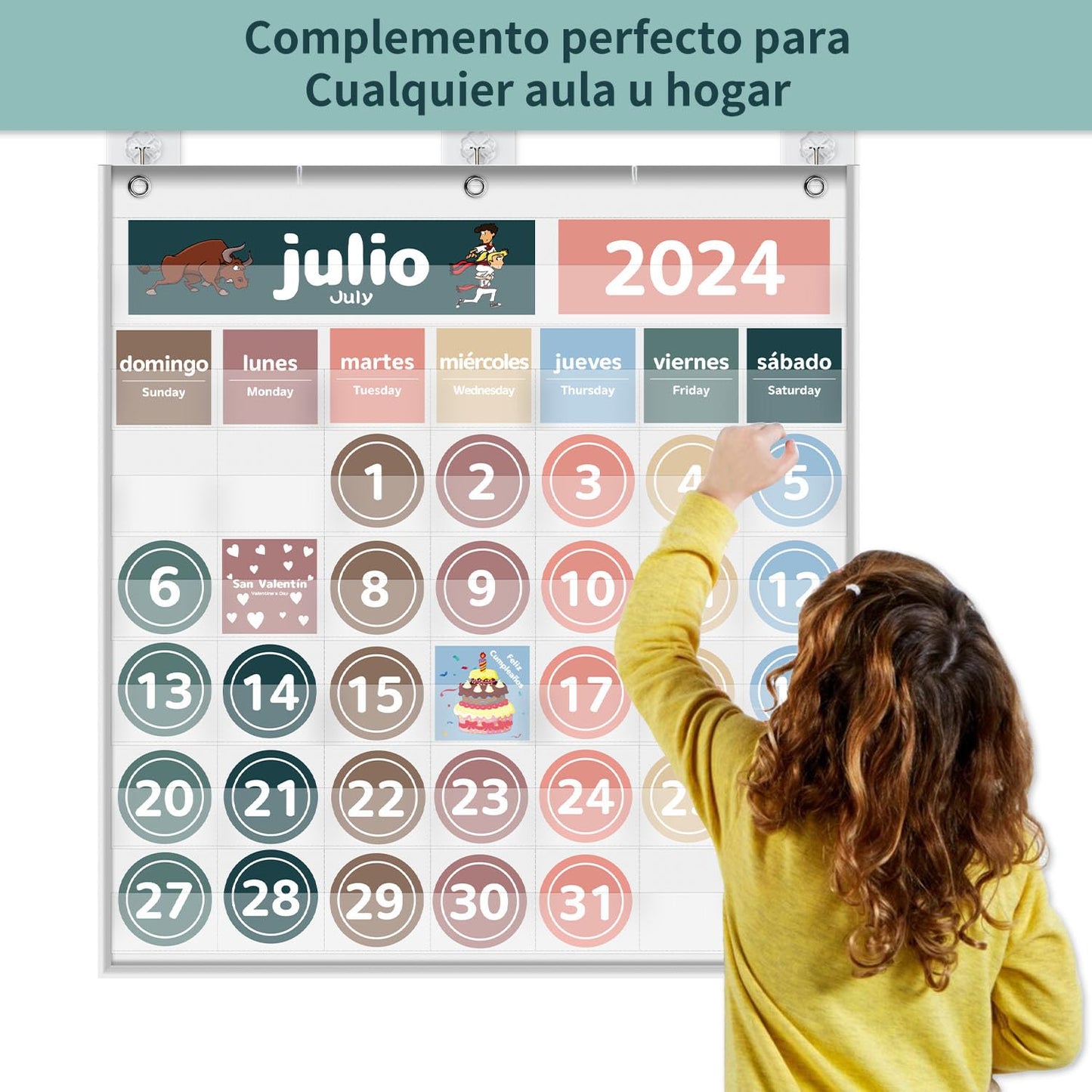 Monthly Calendar Pocket Chart for Classroom, Printed Days of The Week with Cards, Learning for Home or Kindergarten, Teacher Must Have Supplies That Fits Any School Décor (Spanish White)