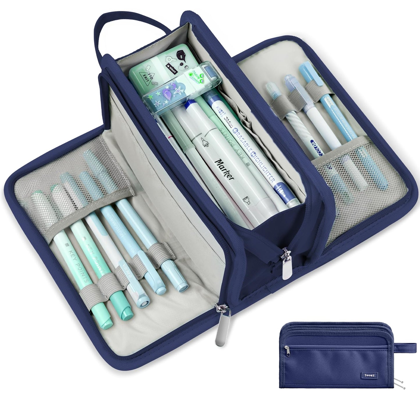 Sooez Large Pencil Case, Big Capacity Pencil Pouch Pen Bag with 3 Compartment, Portable Canvas Stationery Organizer with Zipper, Cute Aesthetic School Supplies for Teen Girls Boy College, Navy Blue