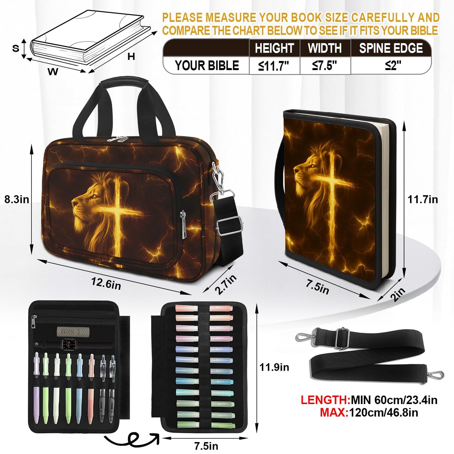 IBOVODI Lion Cross Bible Cover Case for Boys Kids, Large Men Bible Carrying Book Case Church Bag with Handle Zipper Pocket, Bible Study Supplies Journaling Kit, Highlighters Tabs Pens Cross Clips