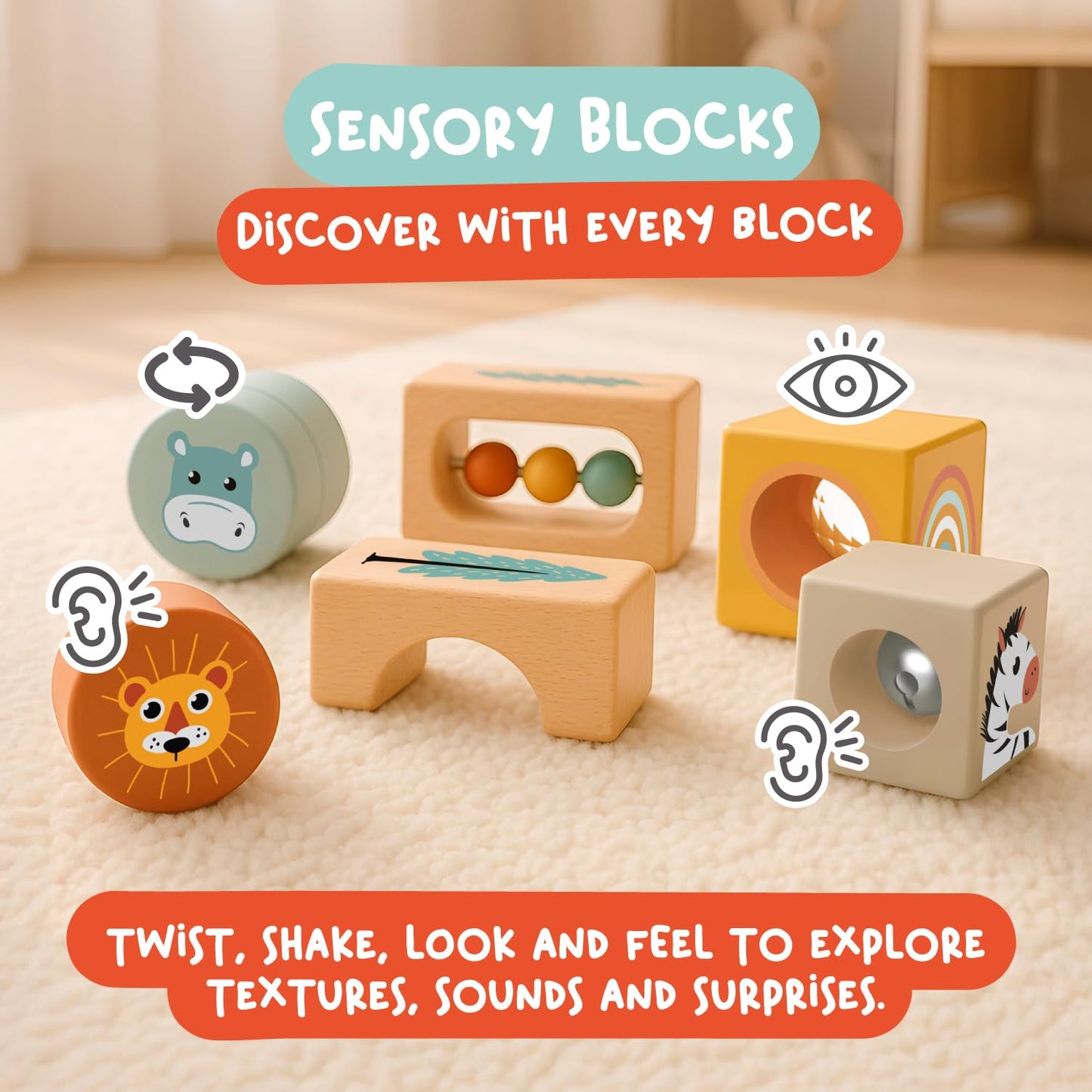 Nene Toys Montessori Toys for 1 Year Old – 4-in-1 Wooden Sensory Toy Set with Stacking Rings, Rainmaker, Giraffe Bead Maze & Activity Blocks – Educational Gift for Toddlers, Boys & Girls Age 1+