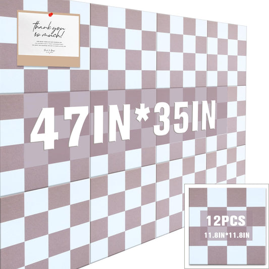 Geyoga 12 Pcs Felt Bulletin Board Tiles for Wall Classroom 12 x 12 Inch Checkered Classroom Wallpaper Backdrop Decor Racing Acoustic Wall Panels Self Adhesive for School Office Home(Brown Plaid)