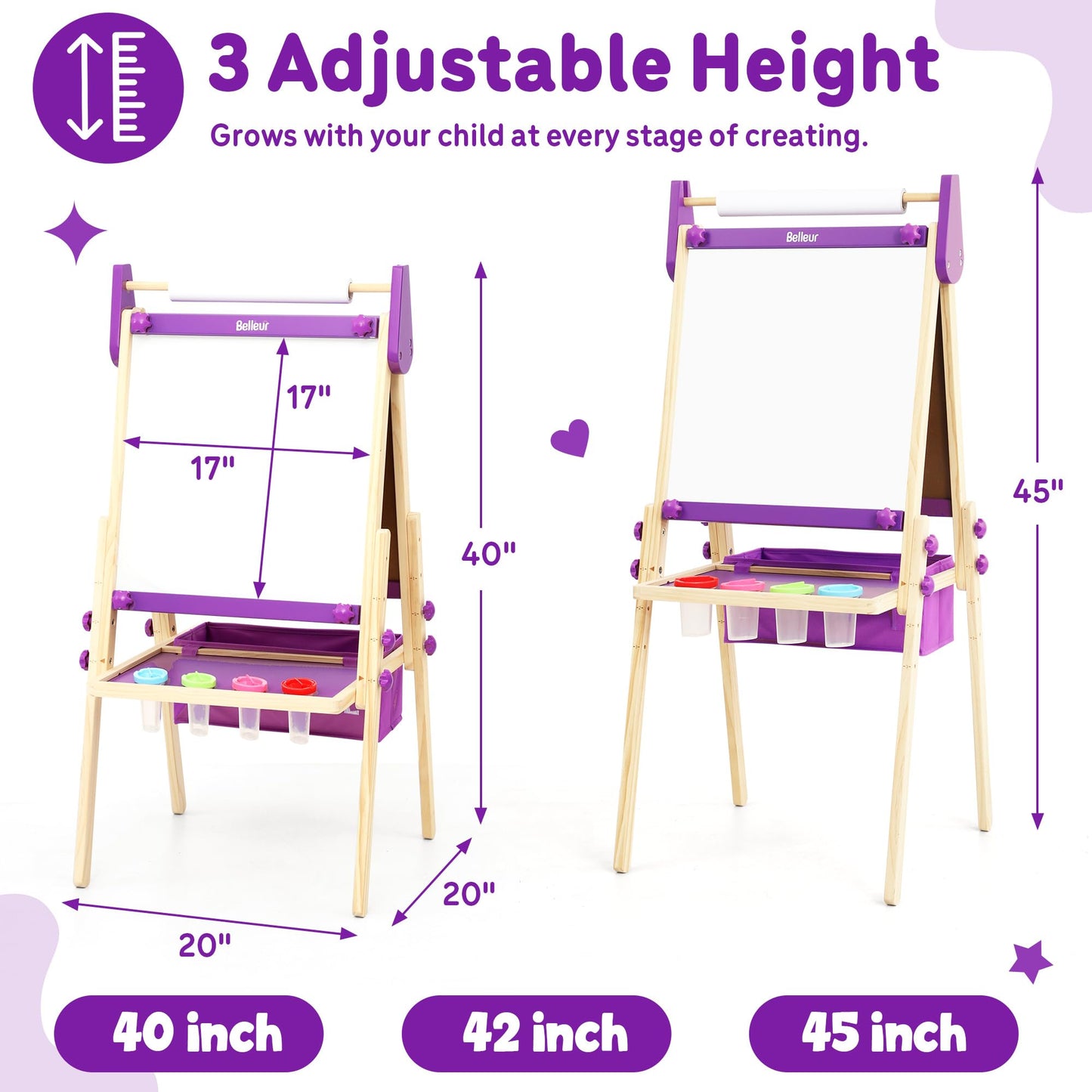 Belleur All-in-One Art Easel for Kids, Adjustable Double Sided Easel for Toddlers with Magnetic Whiteboard & Dry-Erase Chalk Board & Paper Roll, Child Painting Easel for Kid 2-8 Birthday Gift-Purple