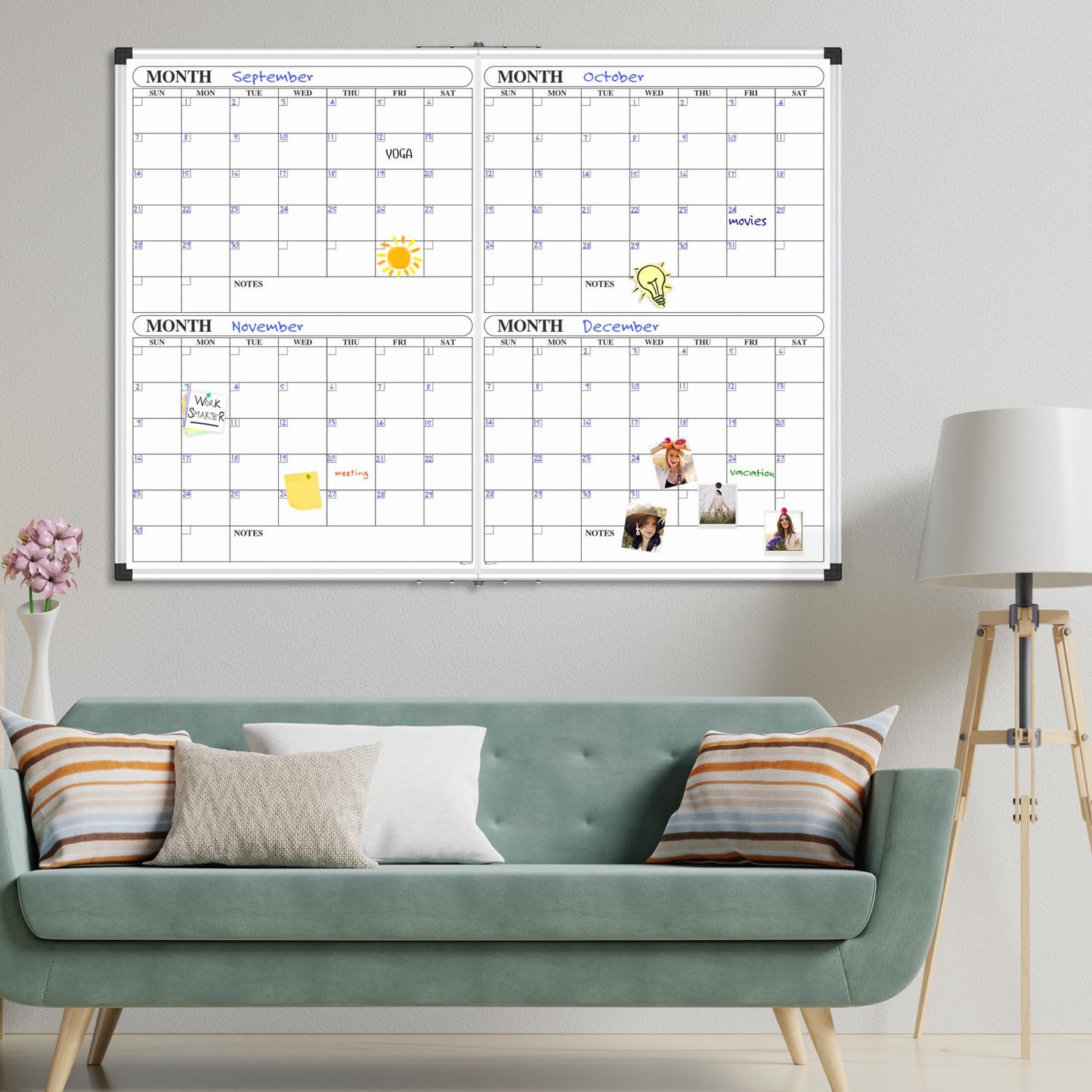 XBoard Magnetic Calendar Whiteboard 48x36 inch, 4 Month Dry Erase Board Planner with Silver Aluminium Frame, Foldable White Board Calendar for Home School Office Organization
