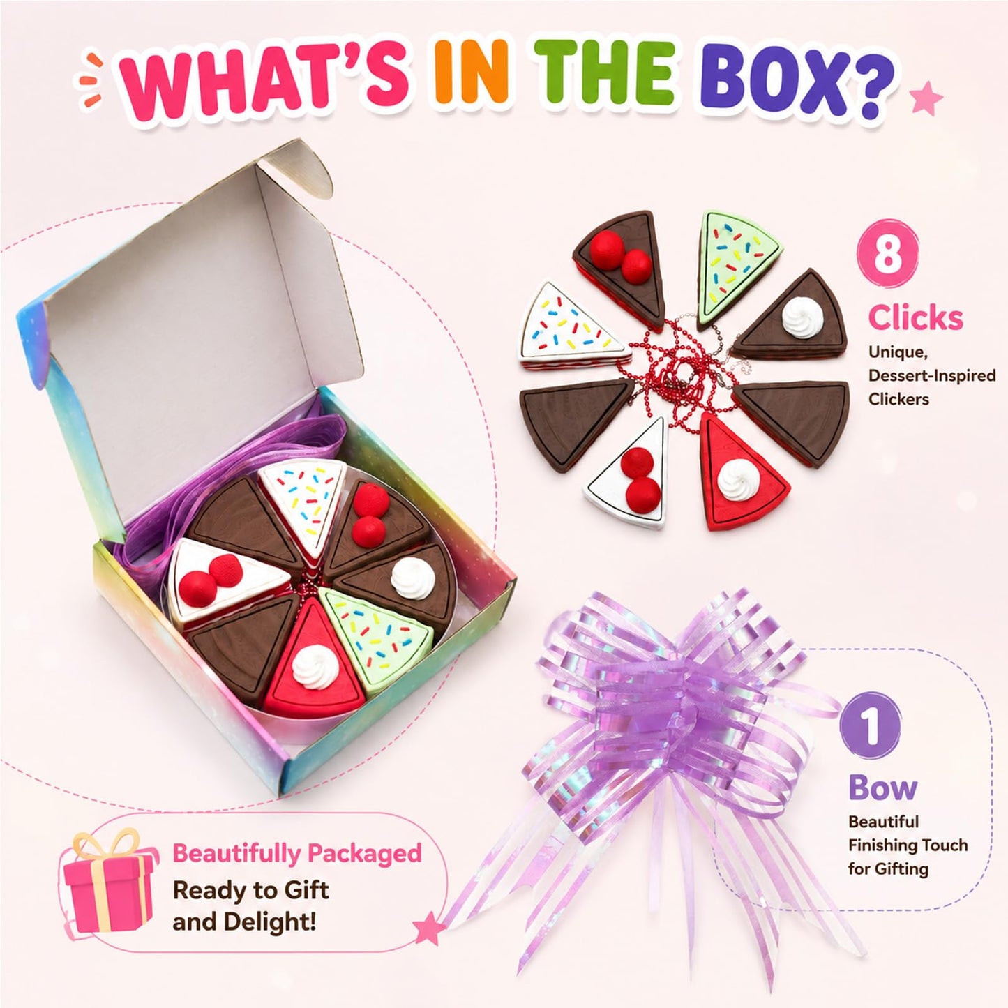 minihope Cake Slice Fidget Clicker Toy Set 8 Pack – Cute Sensory Stress Relief Toys for Kids Adults, Autism ADHD Anxiety Fidgets, Quiet Desk Toys for Office, Party Favors for Birthday Goodie Bags