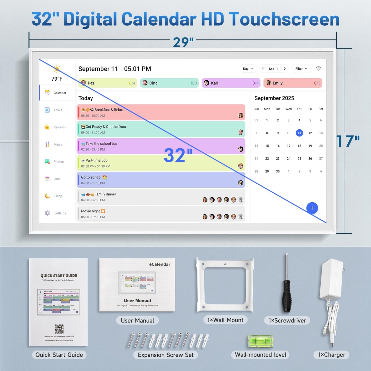 32 Inch Digital Calendar, Electronic Chore Chart, Smart Weekly and Monthly Planner 1920 * 1080P IPS Touchscreen Wall Calendar Rewards for Family Schedules, Meal Planning Gift