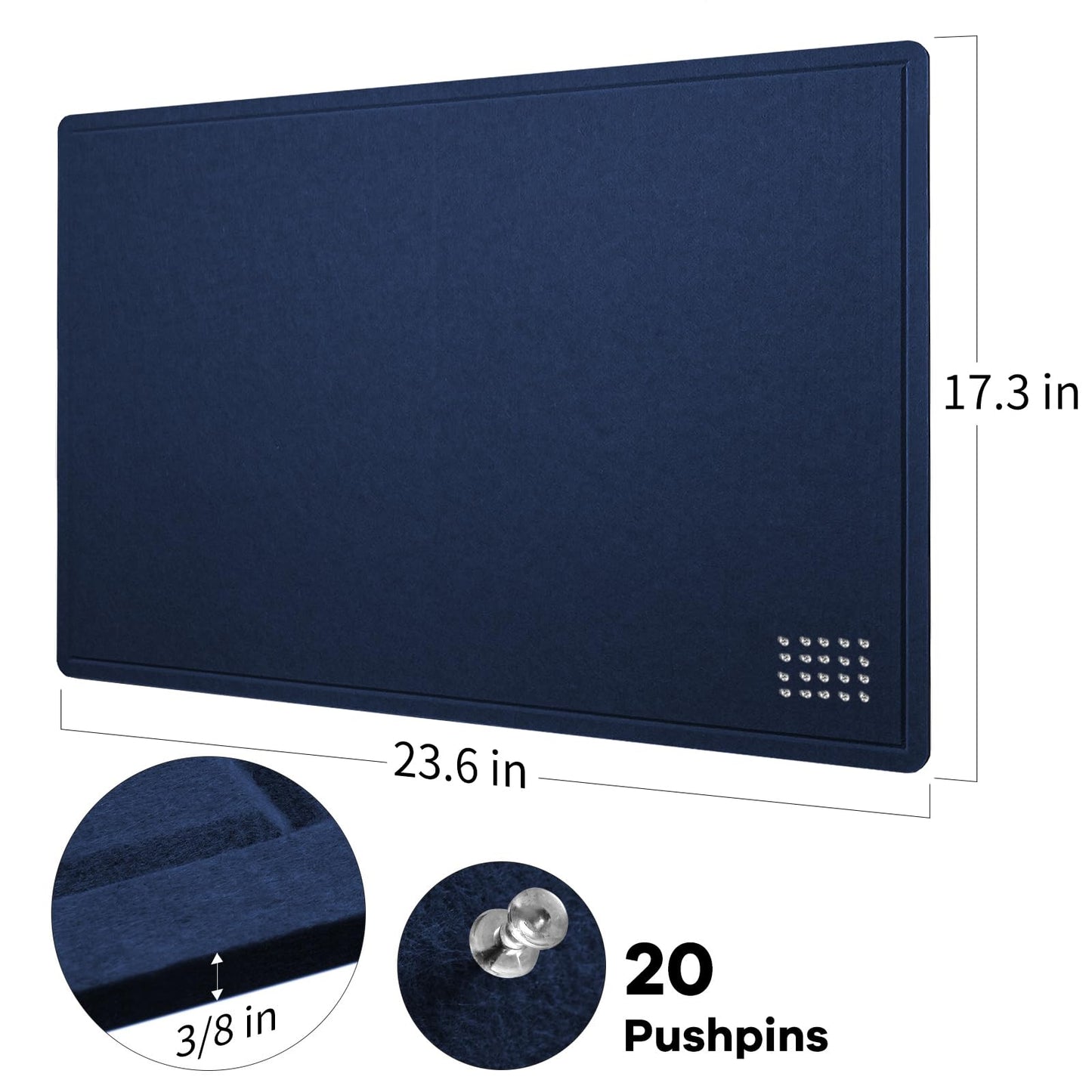 Lightomorrow Bulletin Board, 24 x 18 inches Felt Board Decorative Pin Board, Cork Board Alternative for Wall, Foldable Photo Board Self-Adhesive Vision Board with 20 Pushpins - Dark Blue