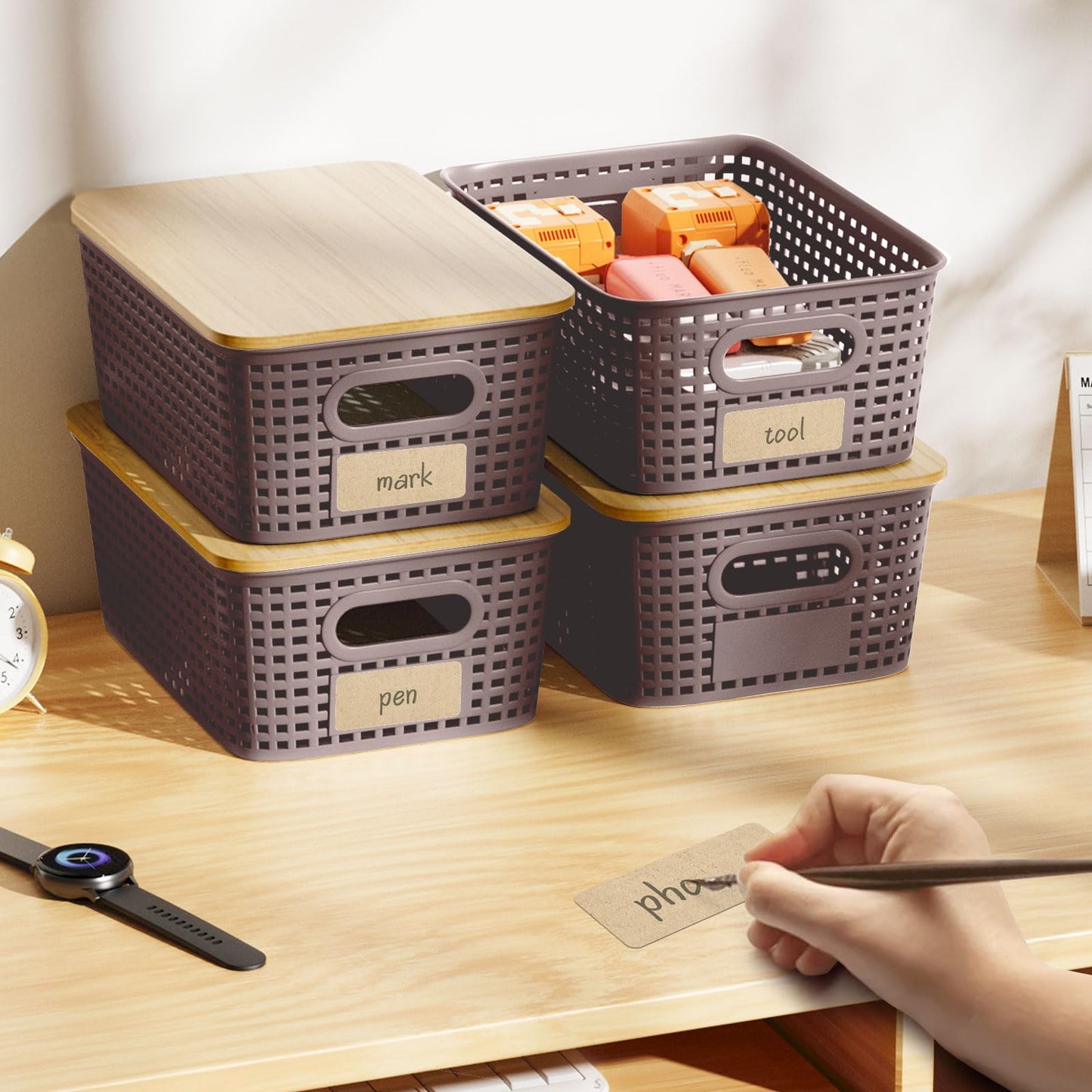6Pcs Storage Bins with Lids, Stackable Plastic Storage Basket with Bamboo Lid, Pantry Organizer Box Small Containers for Organizing Shelves Drawer Desktop Closet Cabinet Office Classroom 10x7.1x4.1in