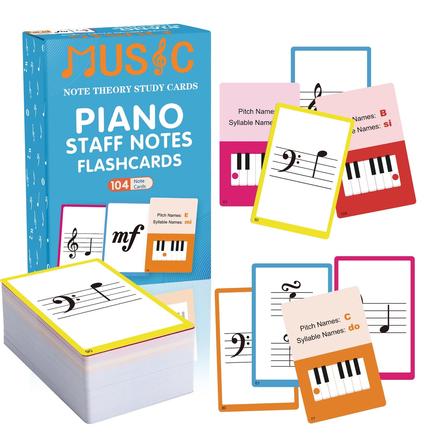 Piano Staff Notes Flashcards, Piano Staff Theory and 104 Sheets Flash Cards, Fun Educational Flashcards for Piano, Music Learners