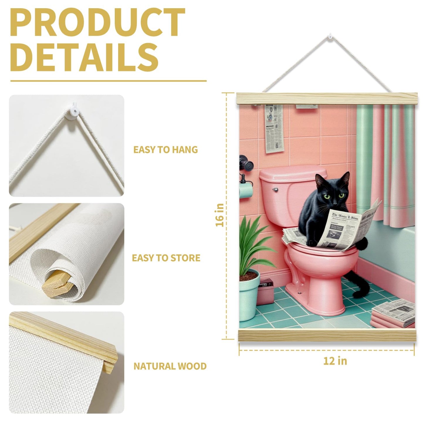 mermermu Funny Bathroom Cat Poster Hanger Frame, Shabby Chic Cute Kitten Posters Canvas Wall Art for Home Bathroom Toilet Washroom Decor, 12x16 Inches -045