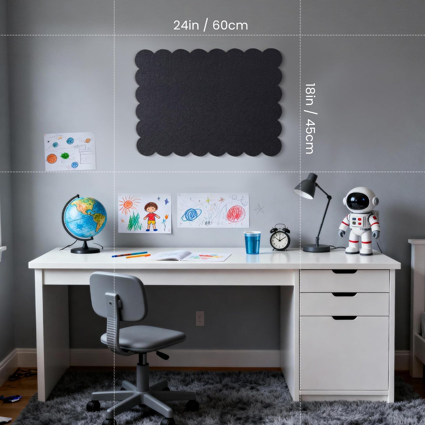 Lightomorrow Scalloped Bulletin Board, 24 x 18 Inches Felt Pin Board - Decorative Cork Alternative for Wall, Foldable Picture Self-Adhesive Vision Prayer Board with 20 Pushpins - Black