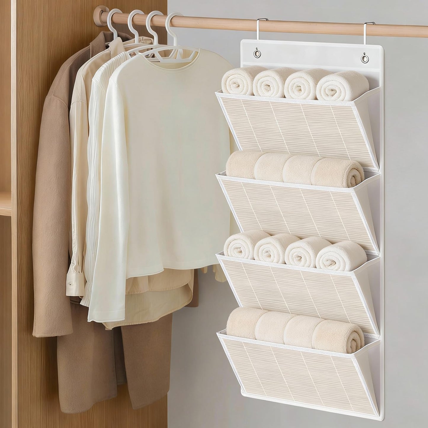homyfort hanging wall file organizer, Over the door file folder organizer with 4 Large Bamboo Pockets, Suitable for Home, Office, Back to School Supplies Storage and Organization (Beige)