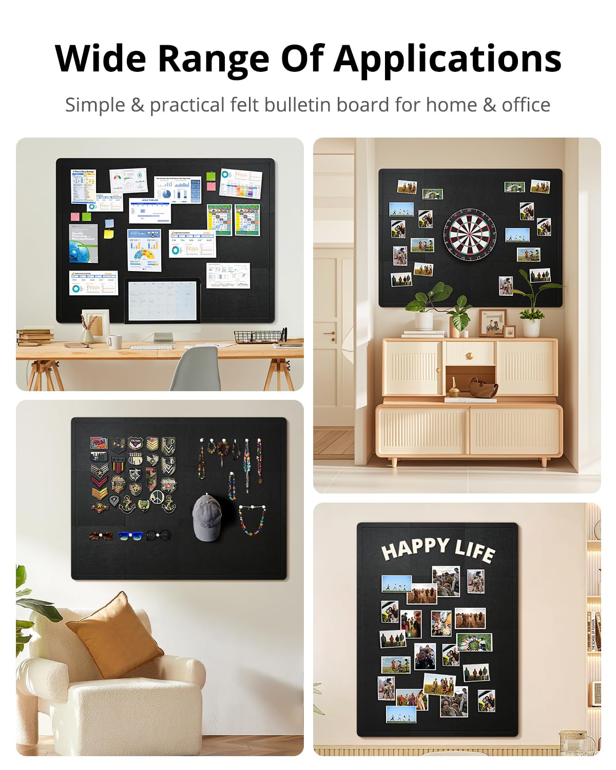 Woovio Bulletin Board, 48 x 36 inches Cork Board Alternative, 12 Pack 12"X12"X0.4" Felt Pin Boards for Walls Home Office Decor, Classroom with 60 Adhesive Tabs Black
