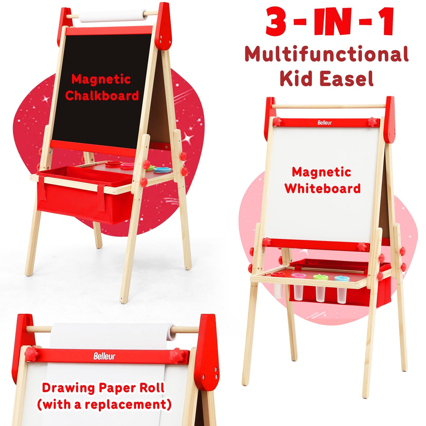 Belleur All-in-One Art Easel for Kids, Adjustable Double Sided Easel for Toddlers with Magnetic Whiteboard & Dry-Erase Chalk Board & Paper Roll, Child Painting Easel for Kid 2-8 Birthday Gift - Red