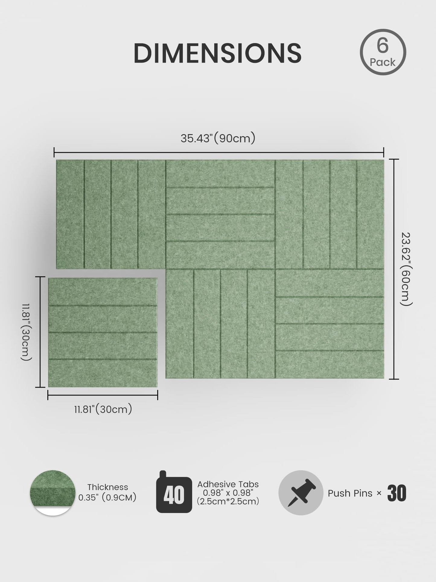 Bumusty Large Cork Board Alternative-36 x 24" Felt Bulletin Board Tiles, with 30 Pushpins, 40 Adhesive Tabs, Bold-Stripe 6-Pack, Cork Boards for Office Push Pin Board Felt Board-Moss Green