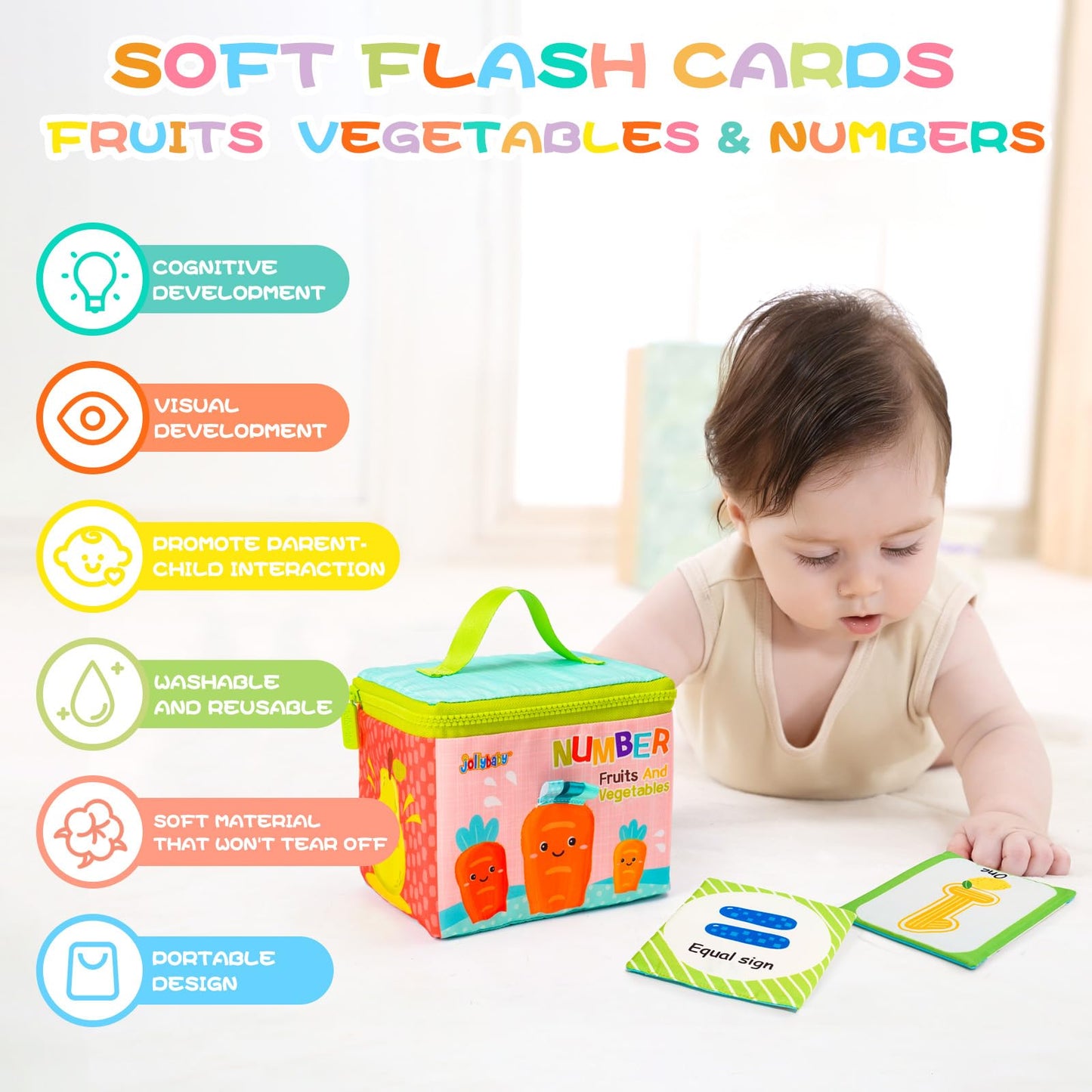 Jollybaby Reusable Soft Flash Cards for Baby 0-6-12-18 Months, Preschool Learning Resource Toys for 0-1-2-3-4 Years, Montessori Sensory Sight Words Numbers Toy - Easter Gifts for Toddler