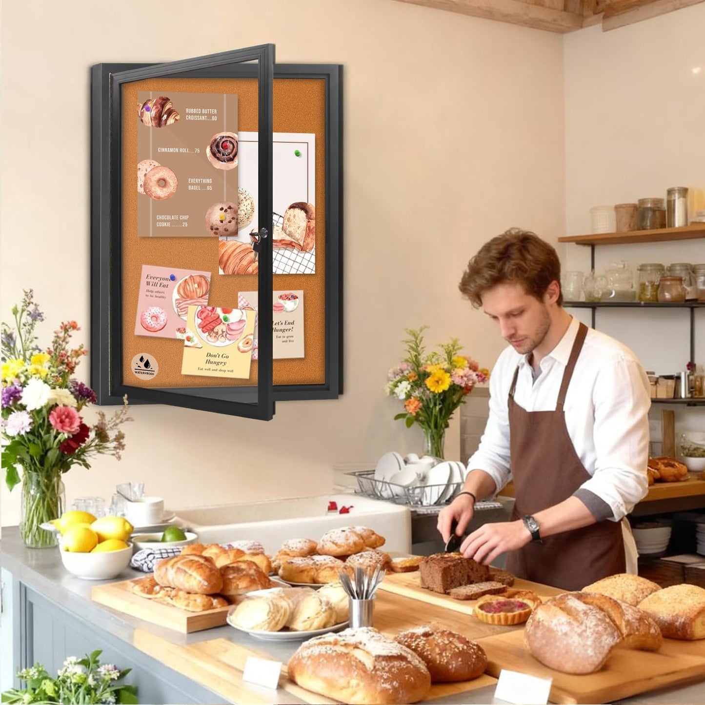 Enclosed Bulletin Board,Outdoor Weatherproof Cork Noticeboard with Locking Door, Wall-Mounted Black Aluminum Frame,Display Case Message Board for Office Home,36x24 Inch (5xA4)