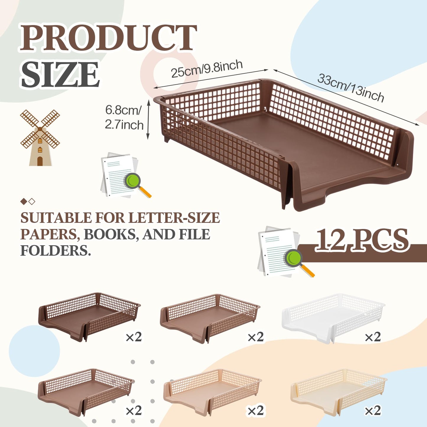 Geetery Set of 12 Plastic Trays for Teachers Turn in Trays Classroom Stackable Paper Tray Plastic Classroom Teachers Desk Letter Organizer Storage Baskets for Office, Desk, Home (Gradient Brown)