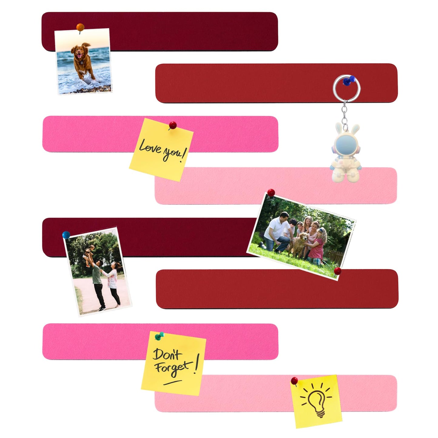 HULAVO 8Pcs Rectangle Felt Cork Board Bar Strips with 35 Pushpins, Self-Adhesive Bulletin Board Strips for Office School Home Wall Decor Stickers Memos Schedules Photos Display -Gradual Red