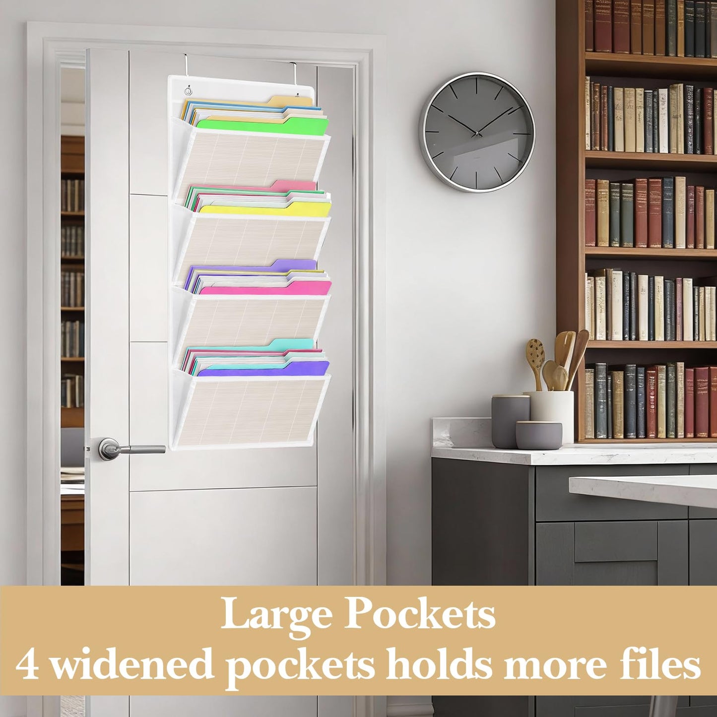 homyfort hanging wall file organizer, Over the door file folder organizer with 4 Large Bamboo Pockets, Suitable for Home, Office, Back to School Supplies Storage and Organization (White)