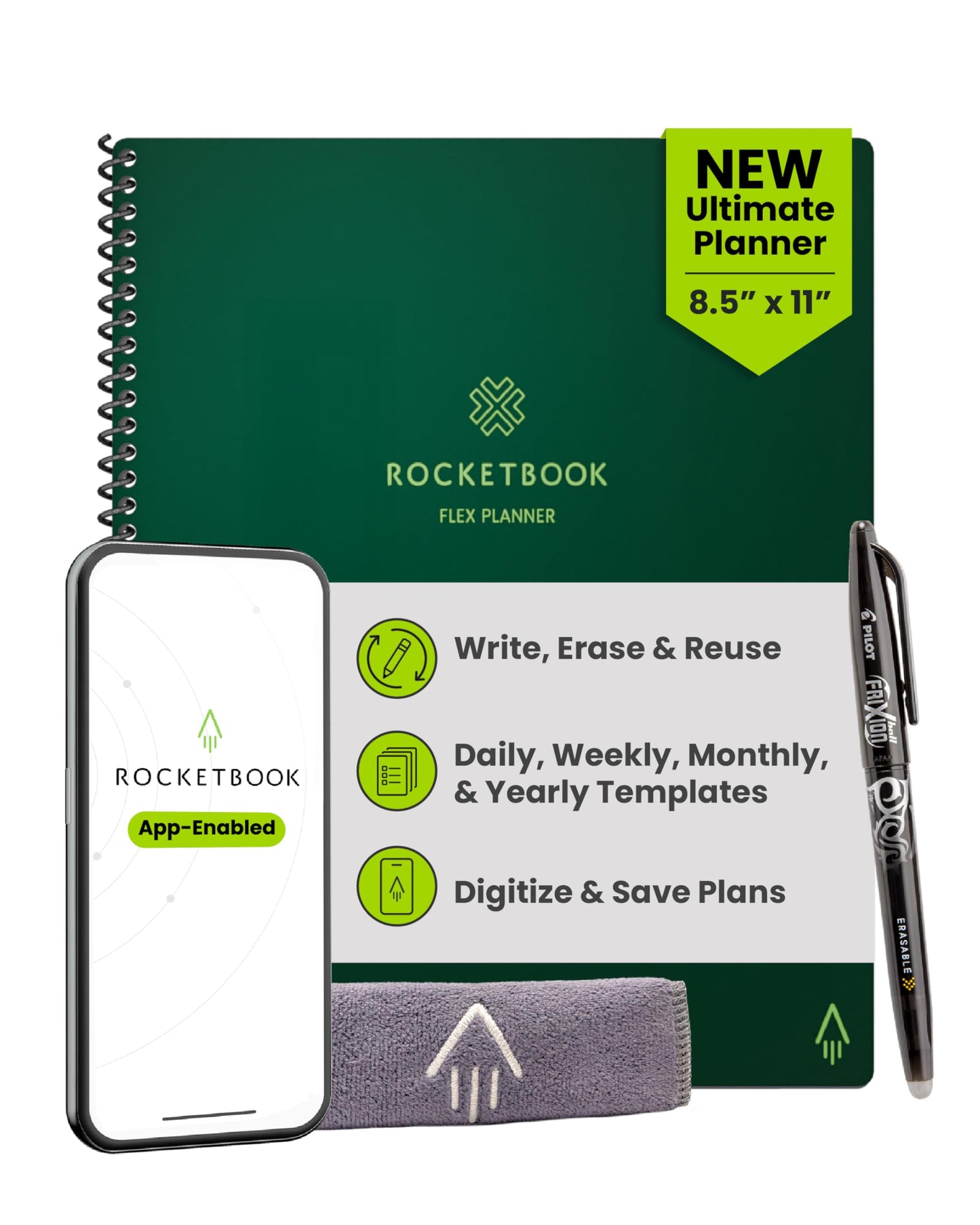 Rocketbook Flex Reusable Planner, Smart Undated, Daily, Weekly, Monthly, Annual Calendar Templates, Letter Size 8.5x11, Green (Pack of 1)
