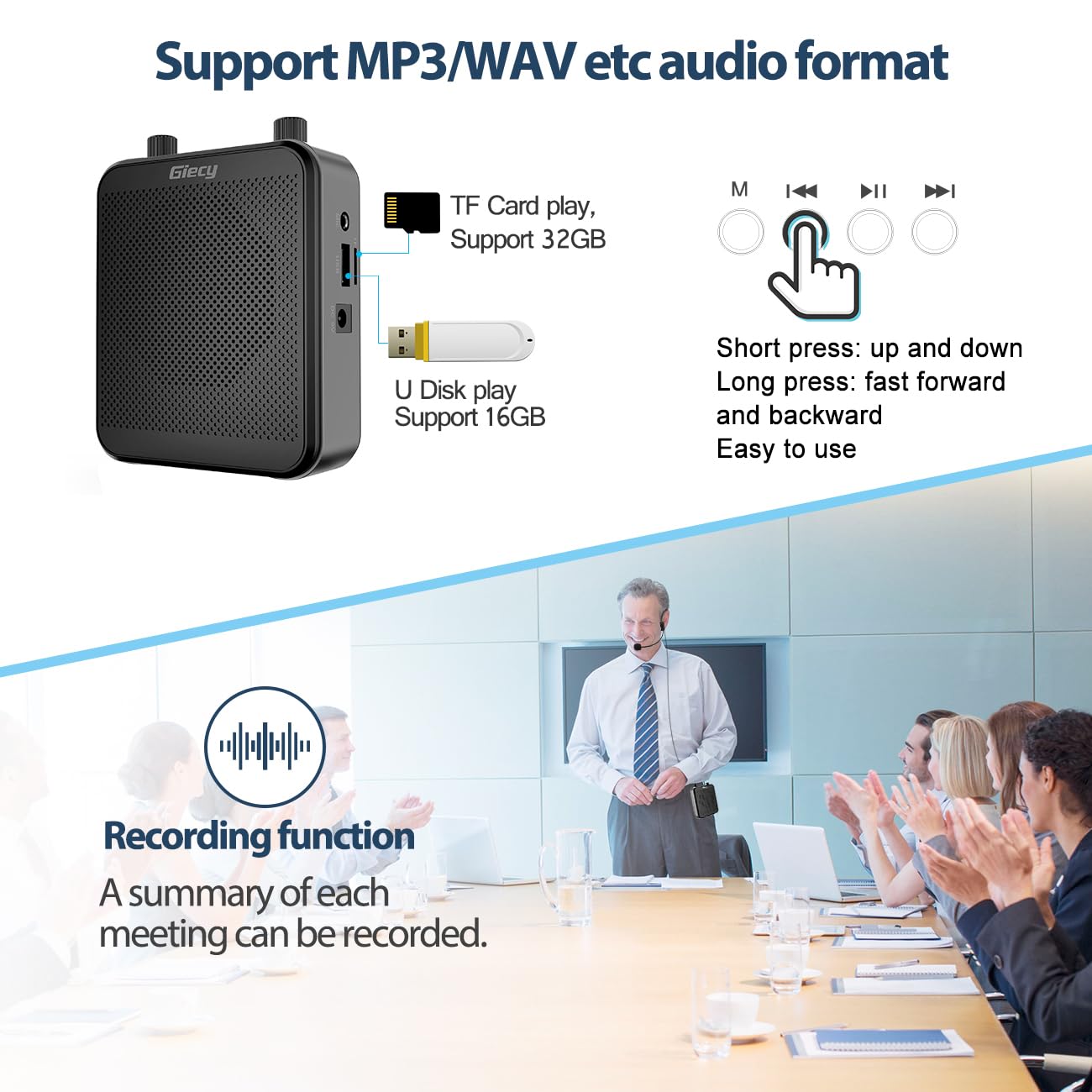 Giecy Portable Voice Amplifier, 30W 2800mAh Bluetooth Rechargeable Personal Voice Amplifier with Microphone Headset, Pa Systems Speaker for Multiple Locations Classroom, Meetings and Outdoors