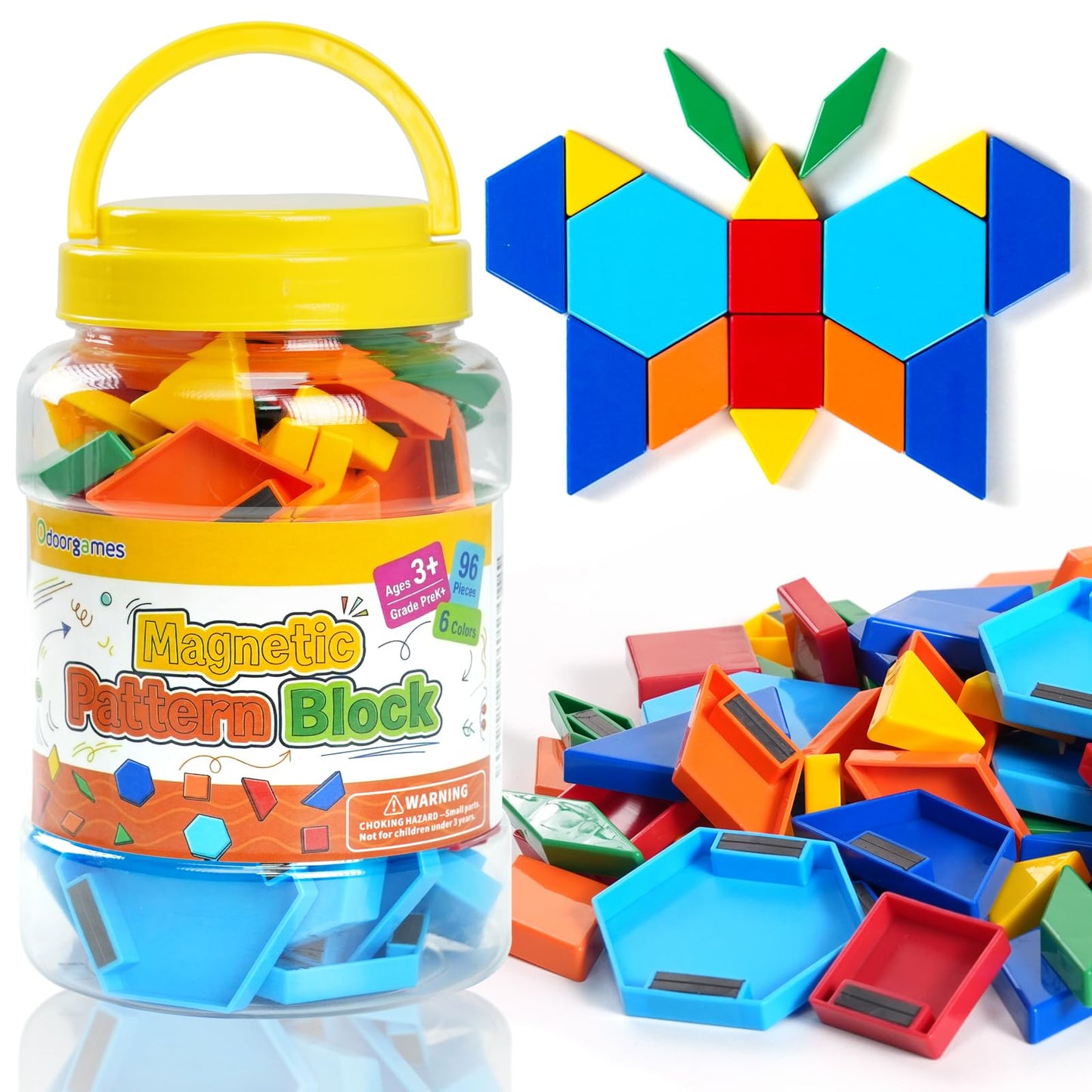 Odoorgames 96 Pcs Magnetic Shapes in 6 Colors – Pattern Blocks for Kids, Tangrams & Homeschool Activities – Geometric Shapes for Classroom Learning & Creative Play