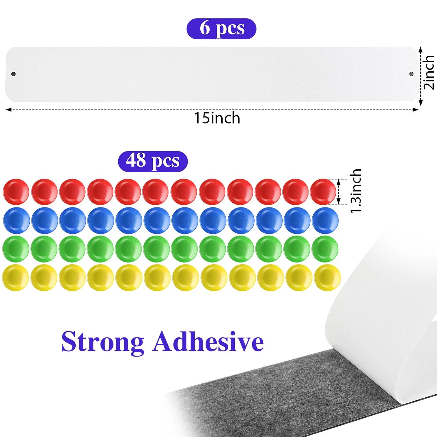 Outus 6 Pcs 15" x 2" Magnetic Wall Strips, Magnetic Bulletin Board Strip Set with 48 Pcs Colorful Magnets, Metal Display Board for Office Home Notes Photos(White)