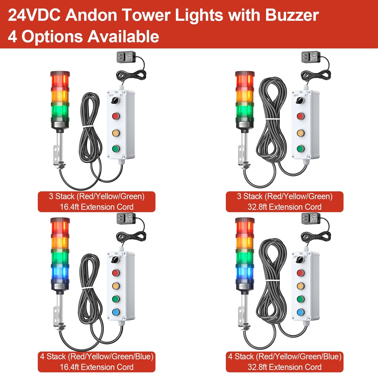 3 Stack Super Bright LED Andon Tower Light with Buzzer, 24VDC Red/Yellow/Green Signal Light, Off-ON, 16.4ft Extension Cord, 9.8ft Power Adapter, Plug Play Ready, for Factory Automation & Safety Alarms