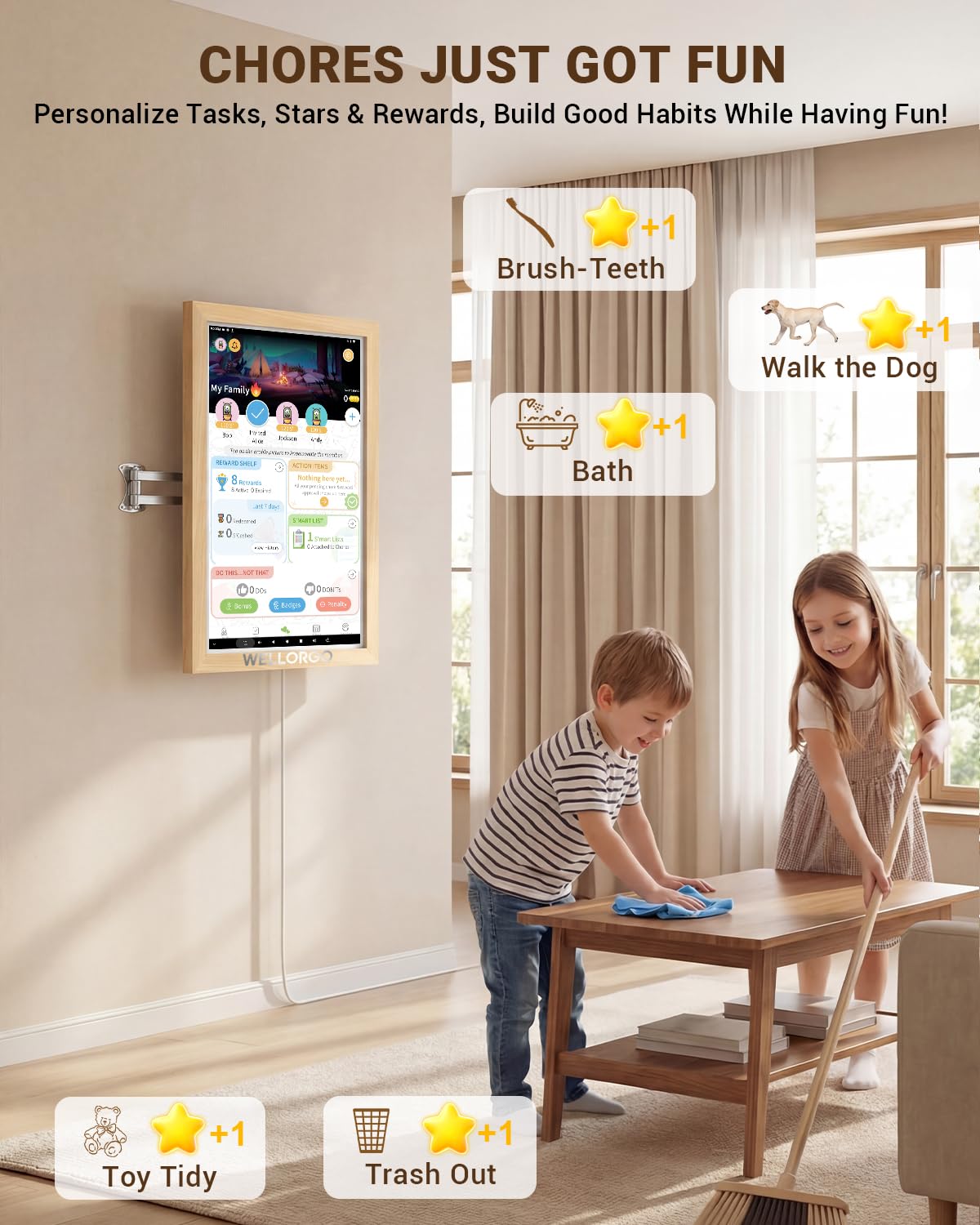 WELLORGO Digital Calendar 2026, 15.6-inch Electronic Calendar for Wall, Touch Screen Smart Digital Planner with Kids' Chores Chart/Meal Plan/Streaming Services/Photo Display, Remote Control Supported
