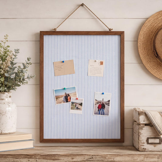Leinuosen 17" x 23" Linen Cork Board for Walls Decorative Blue Striped Cork Boards Wood Framed Bulletin Boards, Picture Display Vision Pin Corkboards for Farmhouse Home Room Office Cottagecore Decor