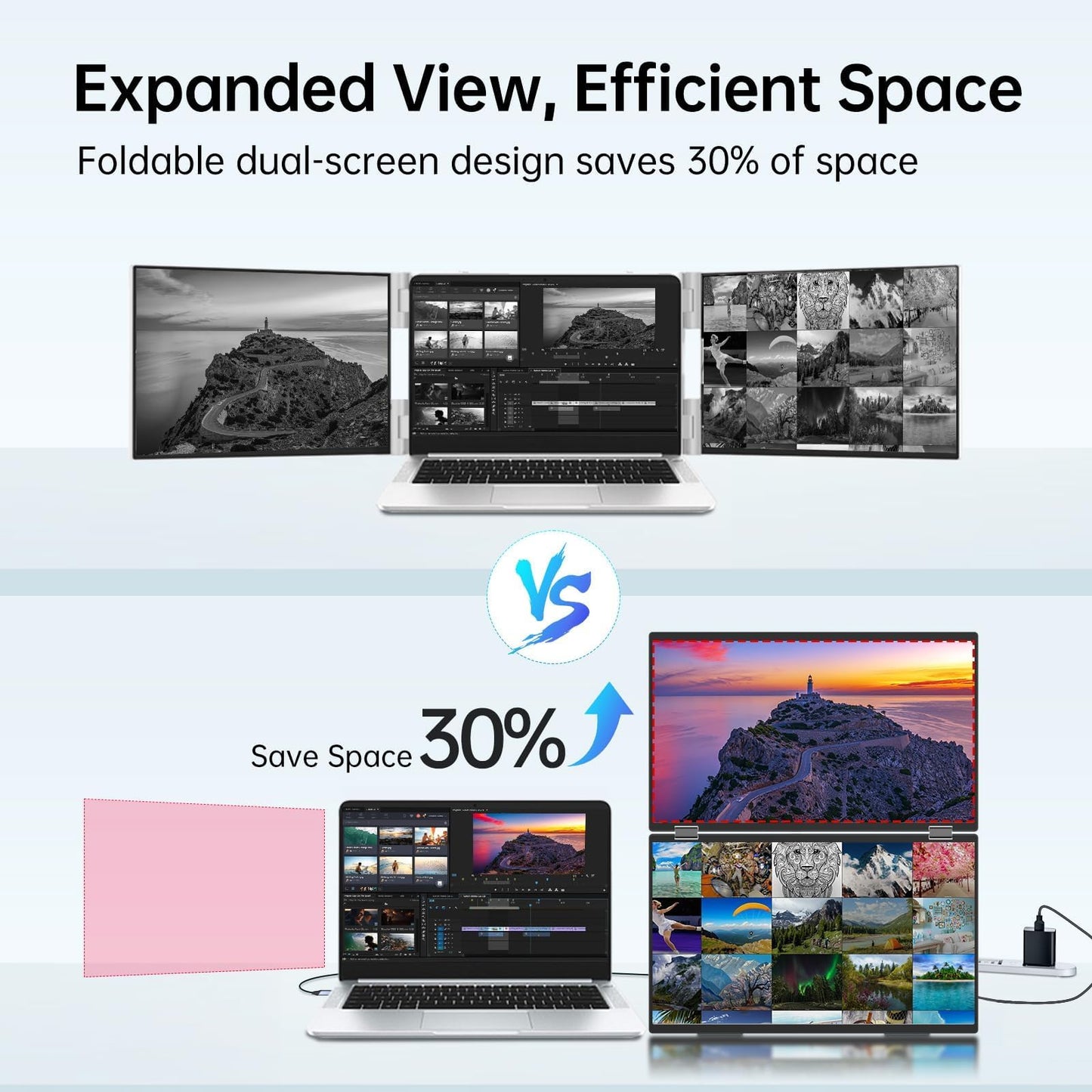 InnoView Dual Portable Monitor 15.6" 1920x1080 Dual Stacked Foldable Monitor | 315° Screen Adjustment | USB-C/HDMI Dual Screen Monitor for Laptop, Mac, Windows