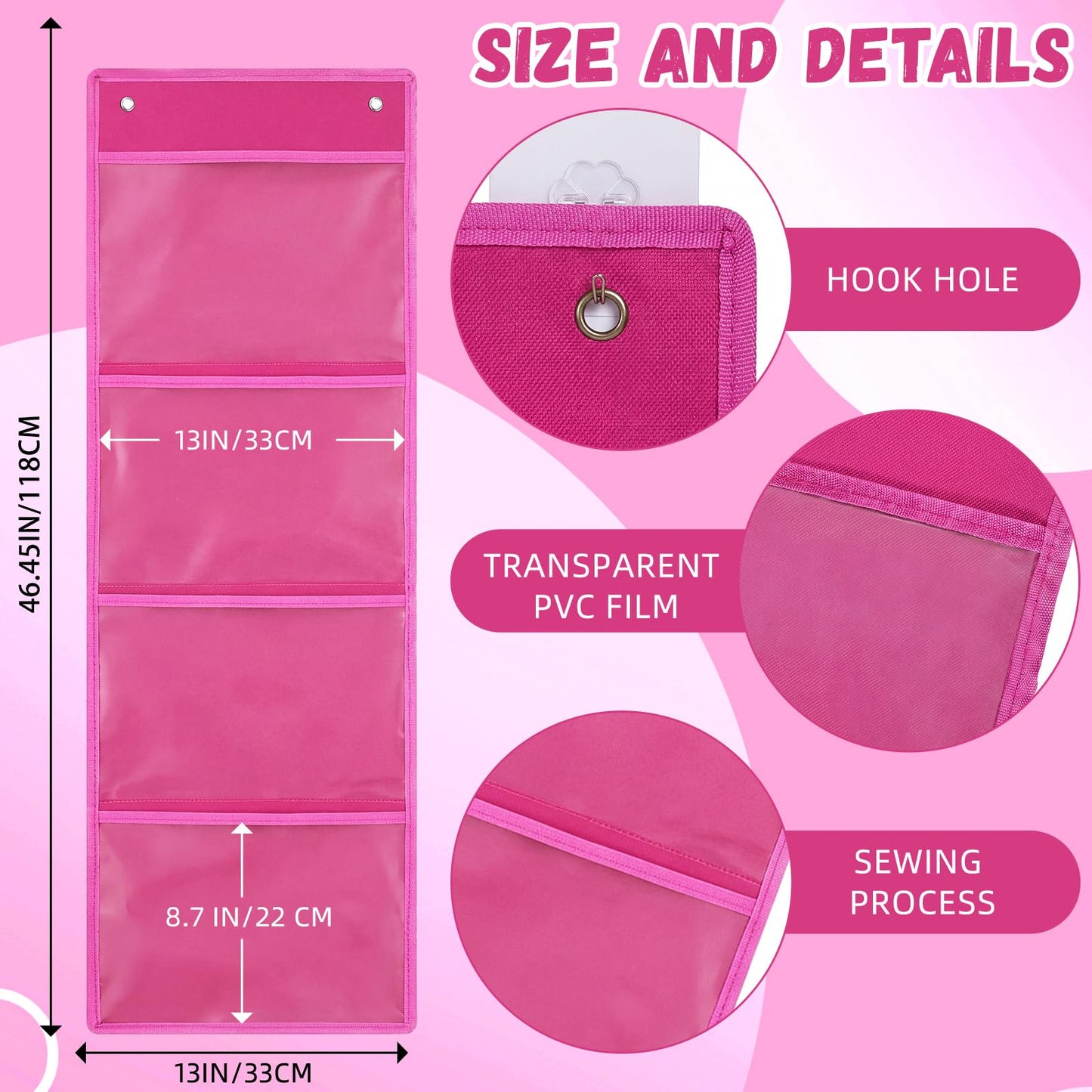 Watersay 2 Pcs Storage Pocket Chart for Classroom 37.4 x 13 in, 4 Pockets Hanging Wall File Organizer for Cards, Drawing, Pictures, Class Demonstrations, Homework, Teacher Office Organization (Pink)