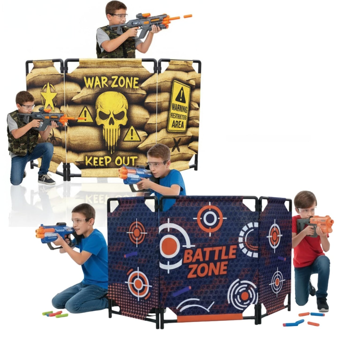 SINCOLINE 2-Pack Tactical Bunker & Foam Blaster Target 59x34” Combat Battle Zone Bunker Fort, Compatible with Laser Tag, Water Gun & Birthday Activities, Foldable Wall for Active Play