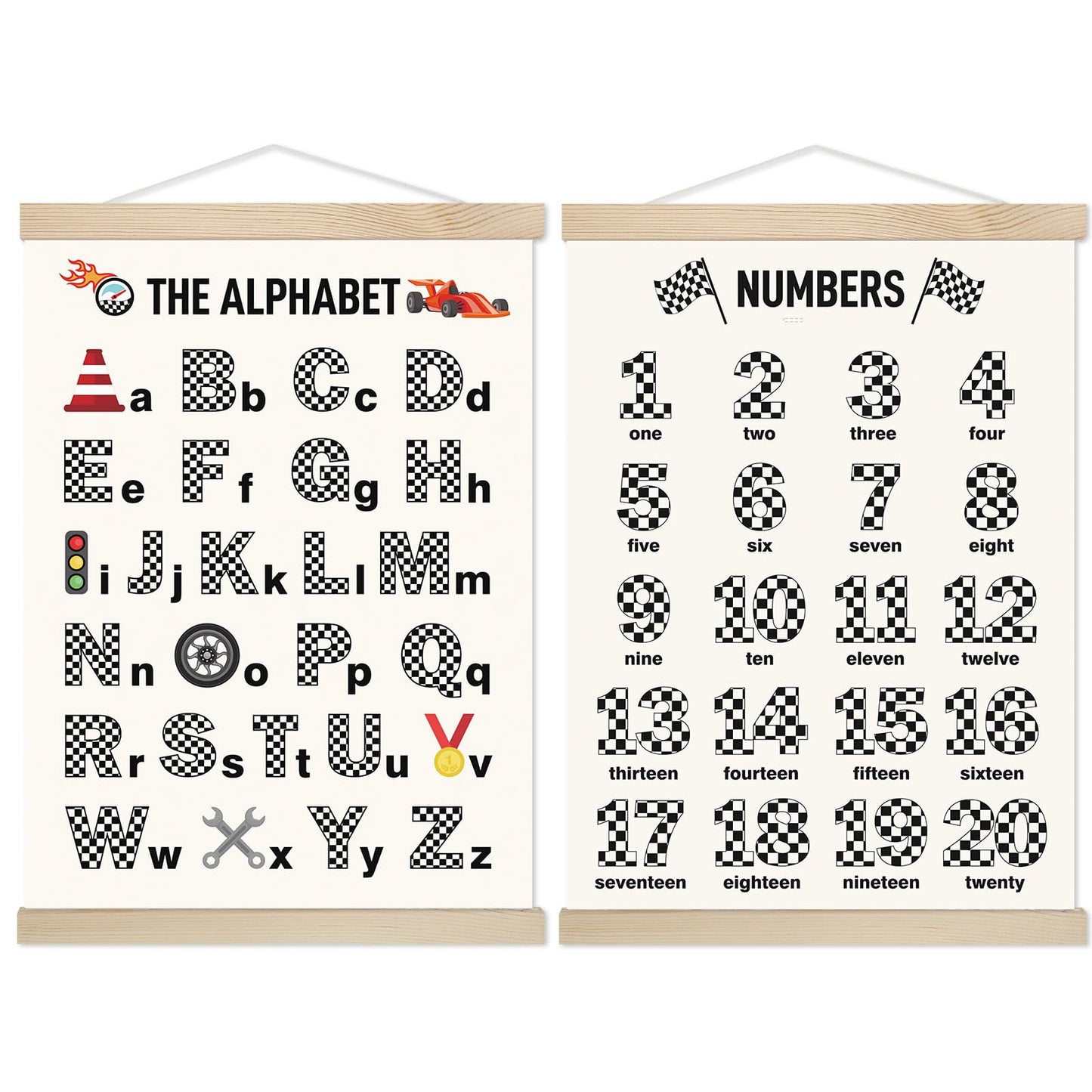 Fuyoooo Race Car Alphabet Posters Room Decor Cars Abc Poster Banner Educational Wall Art Posters with Hanging Wooden Frame 12 x 16 in for Preschoolers Kids Playroom Boys Nursery Bedroom
