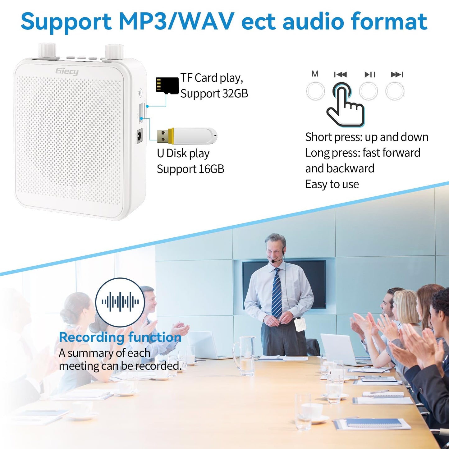 Giecy 30W Portable Voice Amplifier with Wired Microphone Headset, 2800mAh Rechargeable PA System Speaker Personal Microphone Speech Power Amplifiers Loudspeaker for Teachers/Metting/Tour Guide