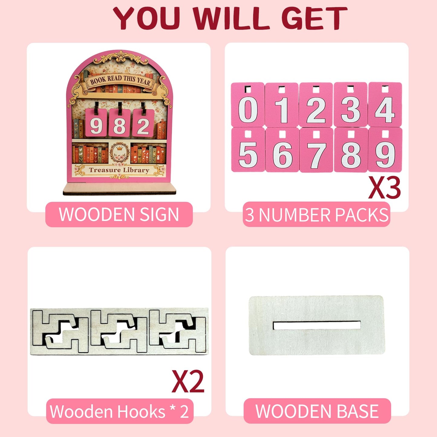 Bookish Reading Tracker Counter Sign, Wooden Books Read This Year Display, Book Lover Gift for Librarian, Reader, Teacher, Women, Wall and Table Decor for Home Library, Teachers, Book Lovers（pink）