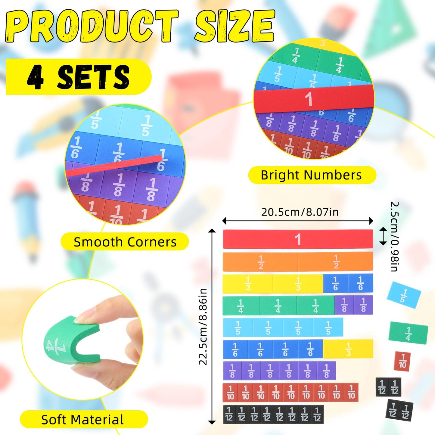 Sayglossy 4 Sets Fraction Tiles Sets for Math Fraction Manipulatives Montessori Math Materials EVA Foam Algebra Tiles Games for Classroom Teaching Aids, Homeschool Supplies