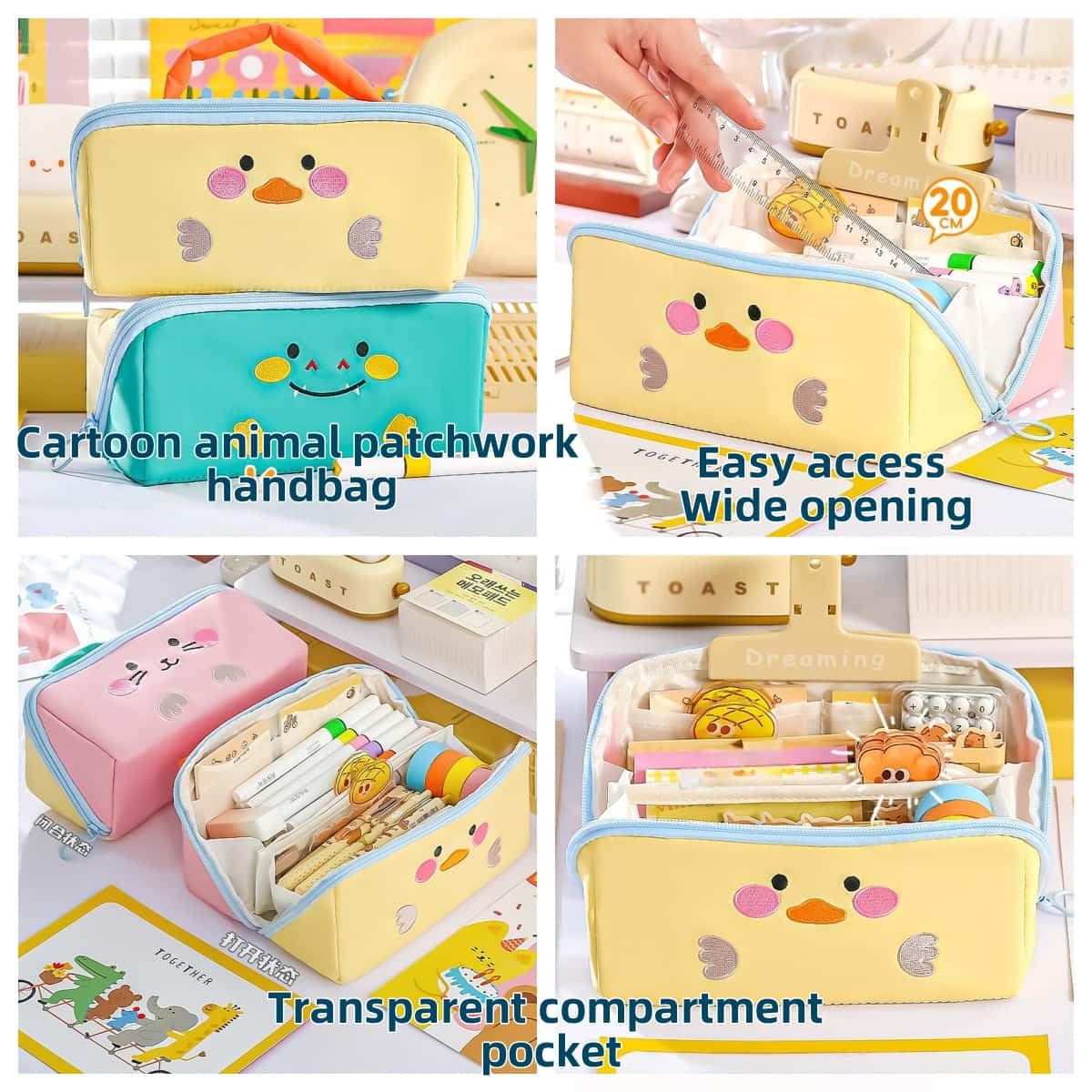 VTYFRY Cute Kawaii Pencil Case Pouch with Handle Cartoon Animal Large Capacity Pen Box Holder Organizer for Office Workspace Supplies Desk Accessories Travel Essentials Trendy Gift (Yellow Duck)