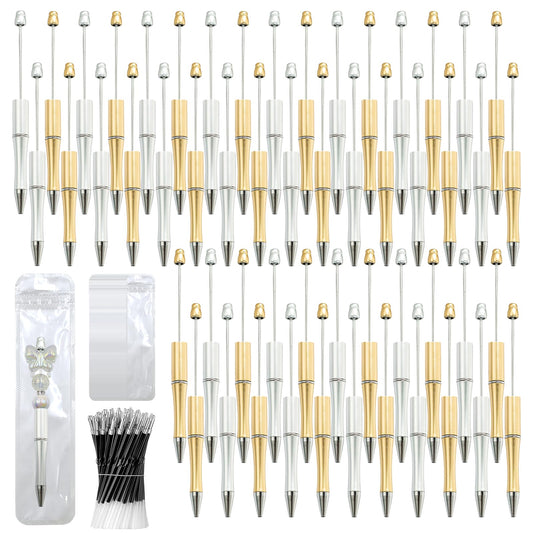 DASTTUIS 150 Pieces DIY Beadable Pen Kit – 50 Plastic Ballpoint Pens with Refills & Bags – School Supplies, Office Accessories & Decorative Items for Students & Teachers (Silver and Gold)