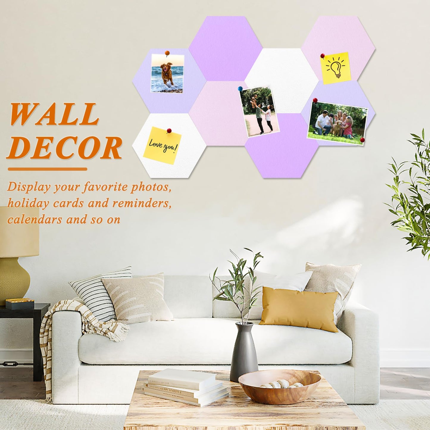 HULAVO 8 Pcs Hexagon Felt Cork Bulletin Board Tiles, Self Adhesive DIY Bulletin Board Pin Board for Office School Home Wall Decor Memos Photos Display(Purple & Pink)