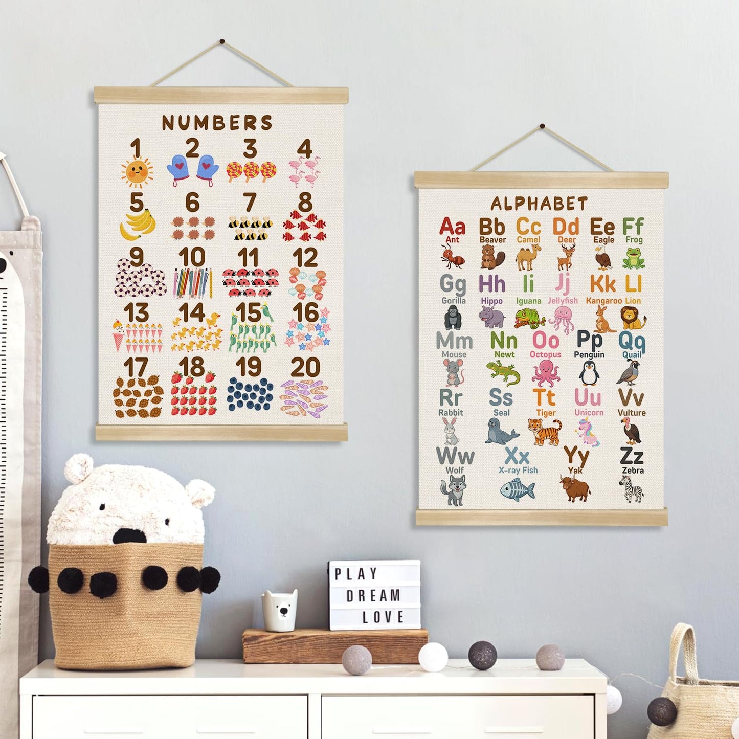 Alphabet and Numbers Chart Poster Set of 2, Alphabet Numbers Wall Art 14x18.5inch,ABC Banner Posters, Banner Wall Hanging Decor for Toddler Room Playroom Nursery Wall Classroom Decor (Purple ABC&123)