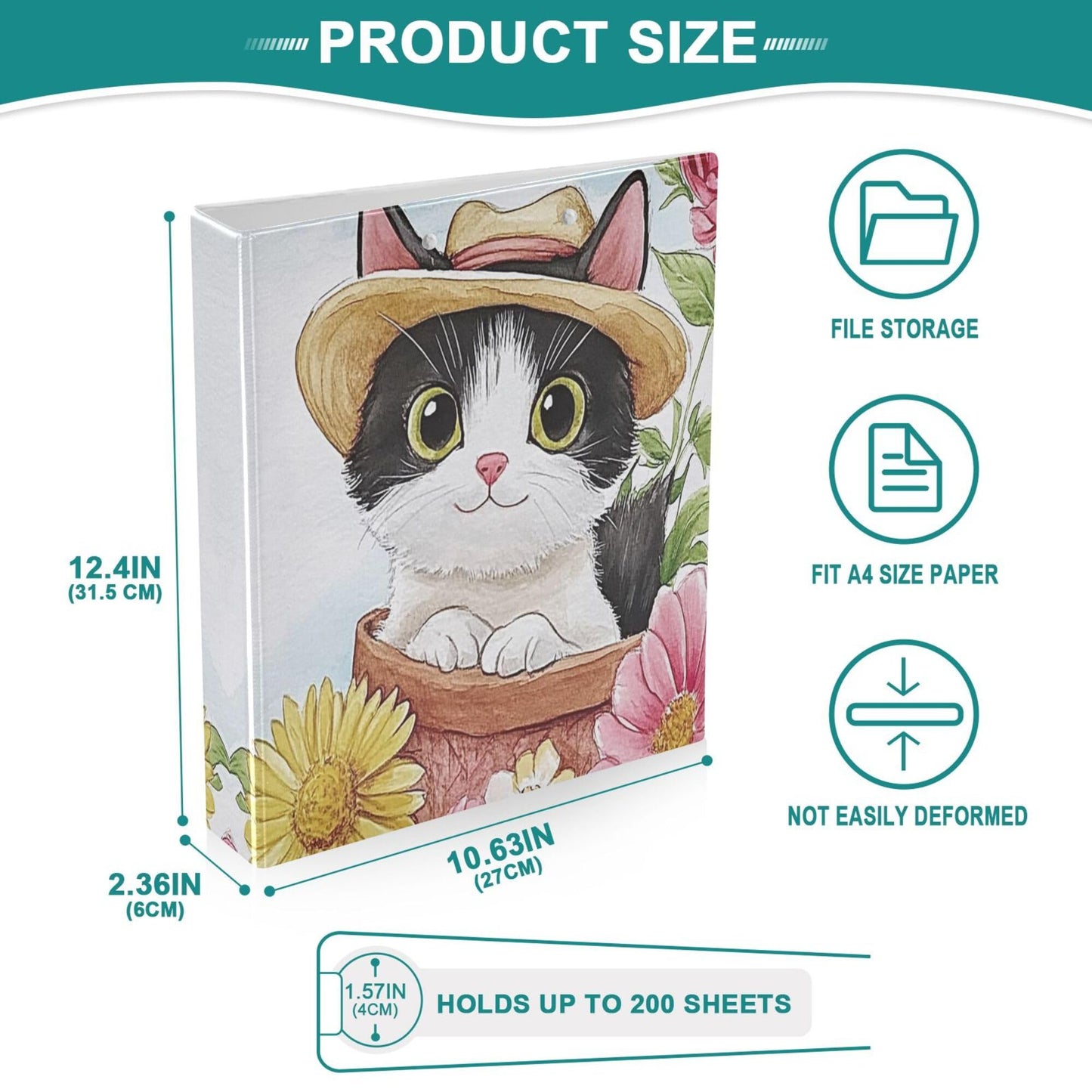 Cat Round Ring Binders 1.5 Inch Sunflower 3 Ring Clipboard Binder for Office School Work Supplies File Folder Document 200 Sheet Capacity Easy Open